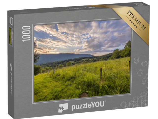 Puzzle de 1000 pièces « Paysage Vue sur la prairie agricole dans les alpes françaises en Haute savoie, France »