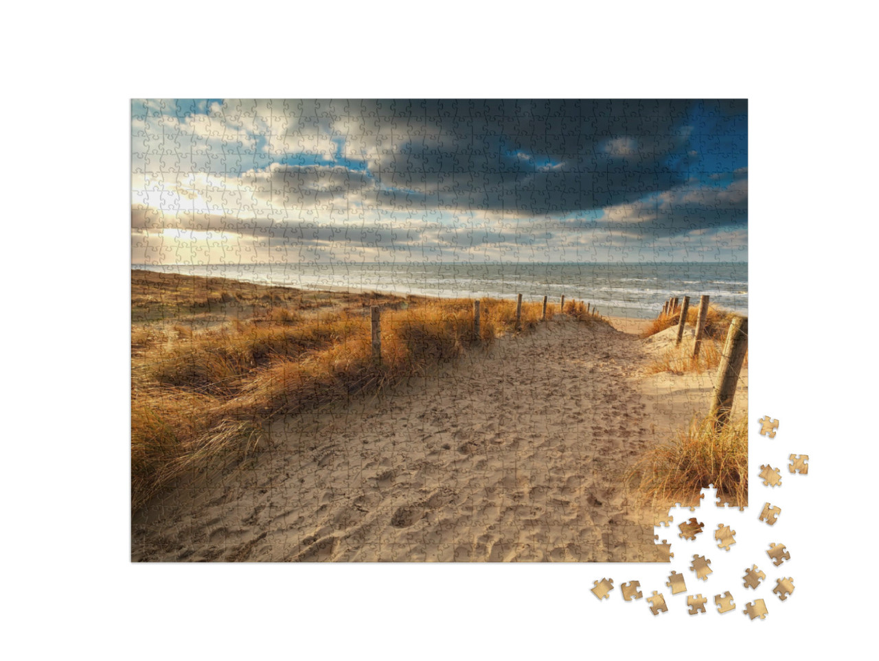 Puzzle de 1000 pièces « Coucher de soleil sur un chemin de sable menant à la mer du Nord, Hollande »