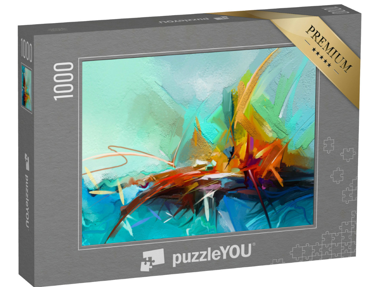 Puzzle de 1000 pièces « Tableau semi-abstrait d'un paysage, peinture à l'huile en jaune, rouge et bleu »