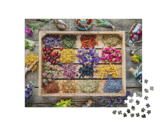 Puzzle de 1000 pièces « Coffret en bois avec des herbes médicinales de la phytothérapie »