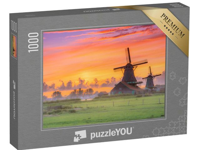 Puzzle de 1000 pièces « Moulins à vent au coucher du soleil, Pays-Bas »