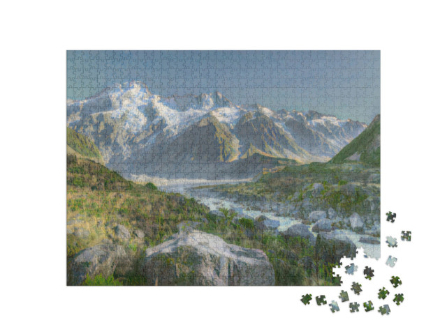Puzzle de 1000 pièces « dans le style artistique de Claude Monet - Hooker Valley Track avec le mont Sefton Mont recouvert de neige »