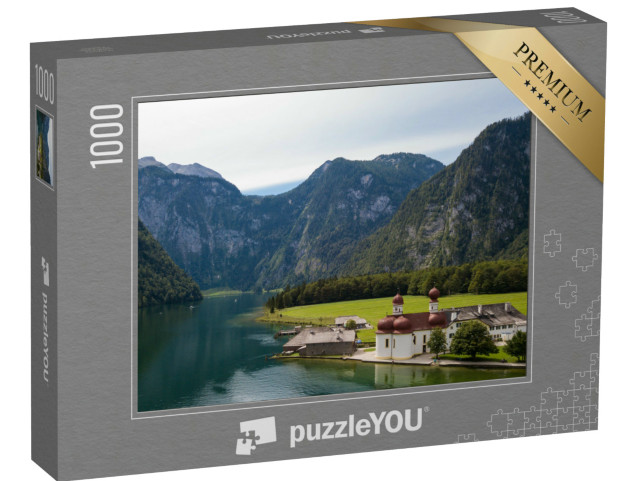 Puzzle de 1000 pièces « Vue magnifique sur l'église St. Bartholomäus avec le Watzmann et la Zugspitze »