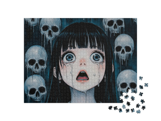 Puzzle de 1000 pièces « Fillette triste parmi des têtes de mort »