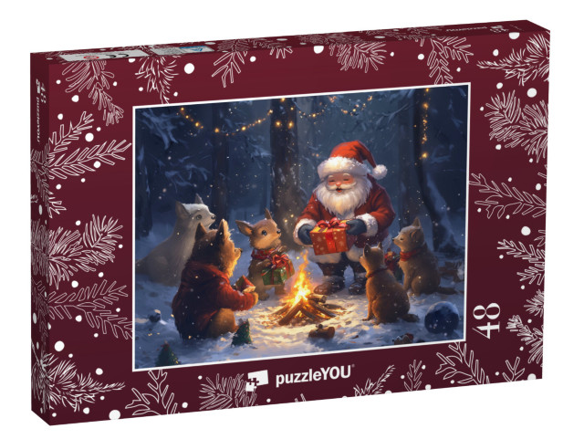 Puzzle de 48 pièces « Noël en forêt : des enfants animaux reçoivent des cadeaux du Père Noël »