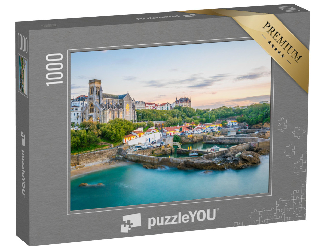 Puzzle de 1000 pièces « Coucher de soleil à l'église Sainte-Eugénie à Biarritz, France »
