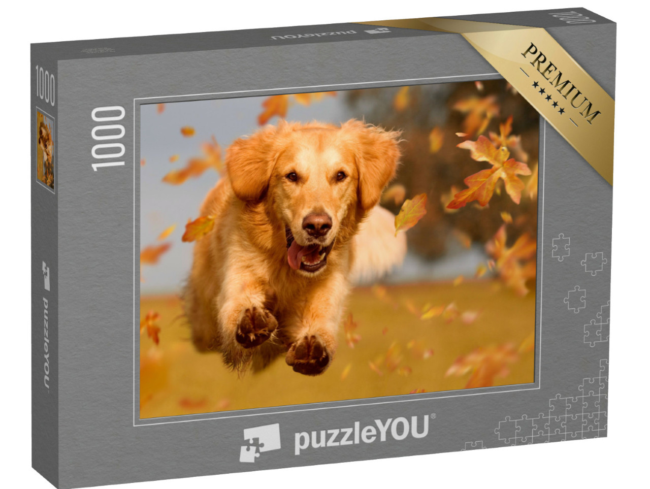Puzzle de 1000 pièces « Golden Retriever s'ébattant dans les feuilles d'automne »