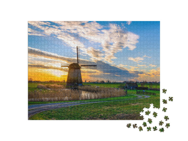 Puzzle de 1000 pièces « Moulin à vent au coucher du soleil, Pays-Bas »