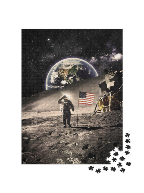 Puzzle de 1000 pièces « Astronaute vintage avec drapeau sur la lune »