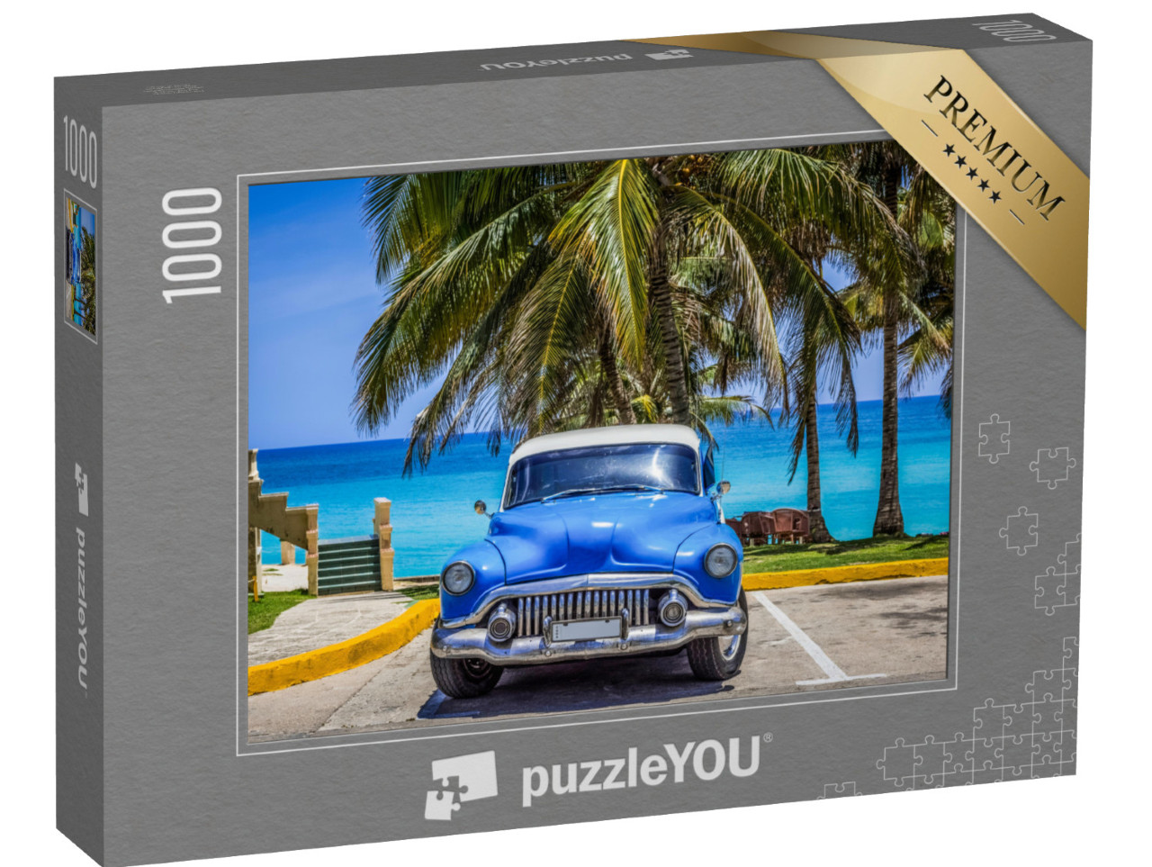 Puzzle de 1000 pièces « Voiture ancienne : Buick sous les palmiers sur la plage, Varadero, Cuba »