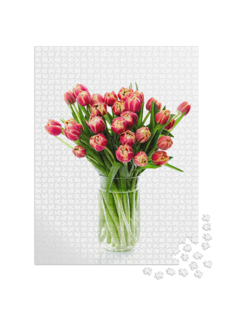 Puzzle de 1000 pièces « Tulipes rouges à bord jaune dans un vase en verre »