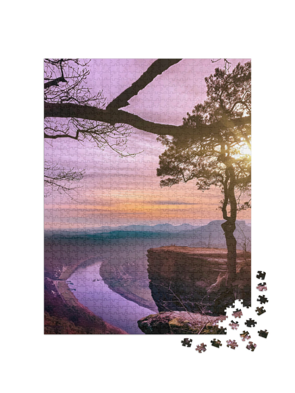Puzzle de 1000 pièces « Coucher de soleil avec vue sur l'Elbe en Suisse saxonne, Allemagne »