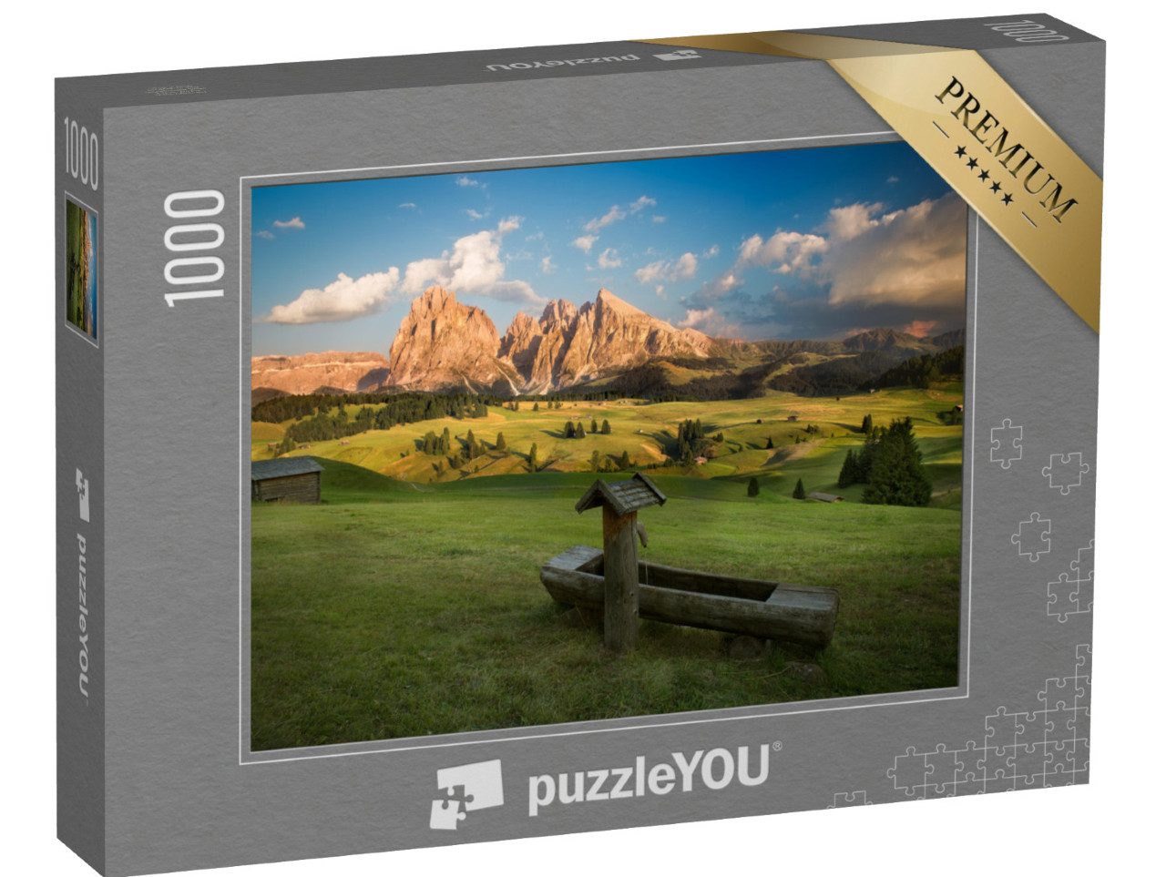 Puzzle de 1000 pièces « Alpe de Siusi avec le groupe du Sassolungo au coucher du soleil, Tyrol du Sud, Italie »