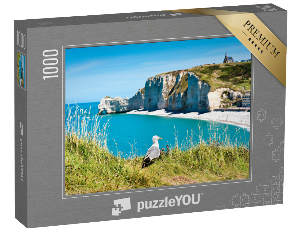 Puzzle de 1000 pièces « Mouette sur une plage rocheuse. Normandie, Côte d'Albatre, France. »
