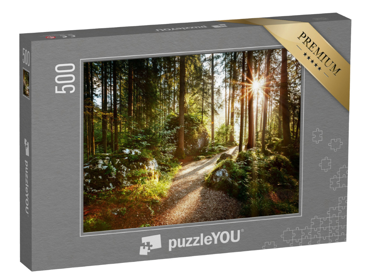 Puzzle de 500 pièces « Paysage et chemin à travers la forêt au soleil du matin »