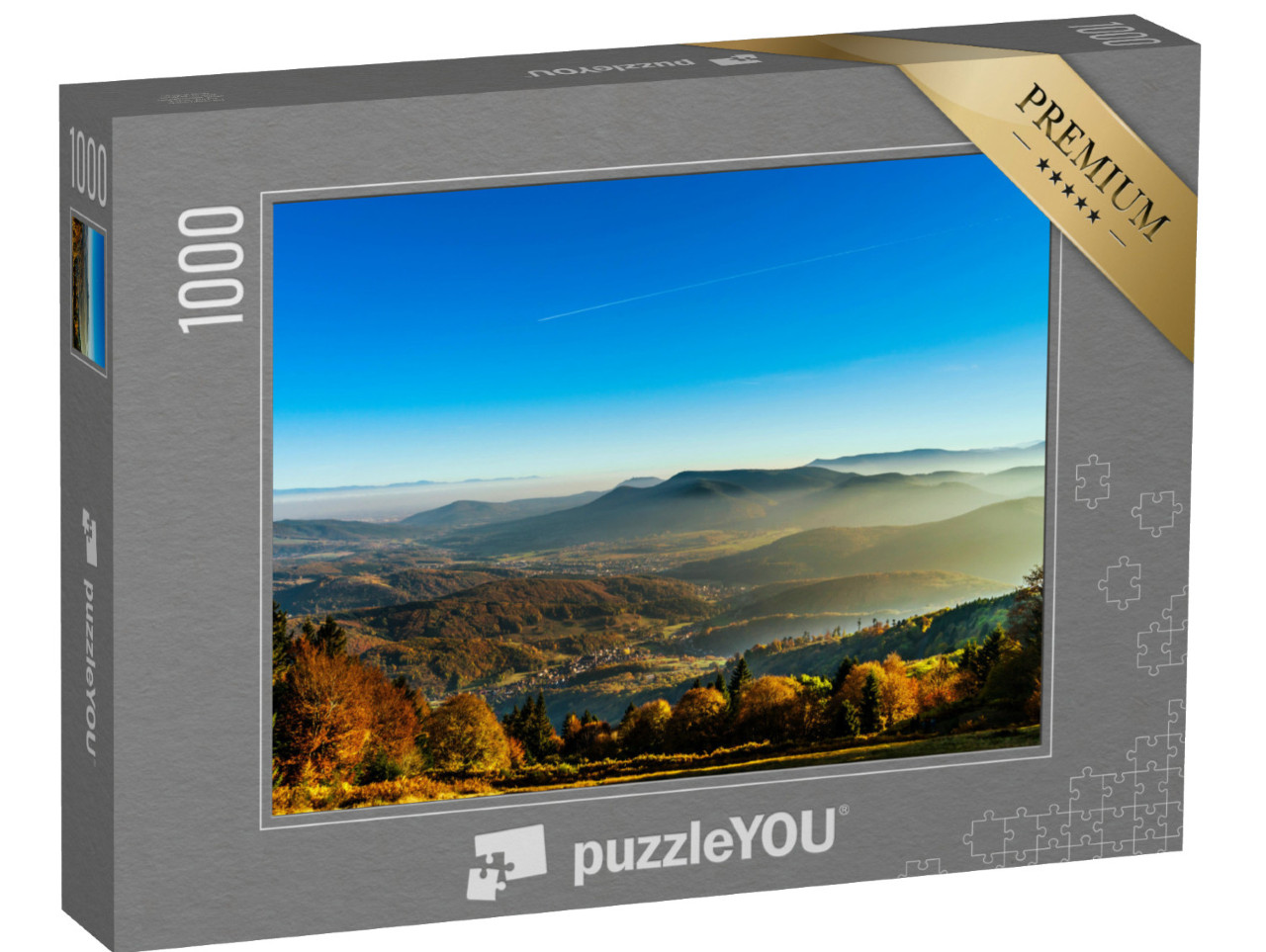 Puzzle de 1000 pièces « Vue aérienne de montagnes automnales colorées, coucher de soleil brumeux, Vosges, Alsace, France »
