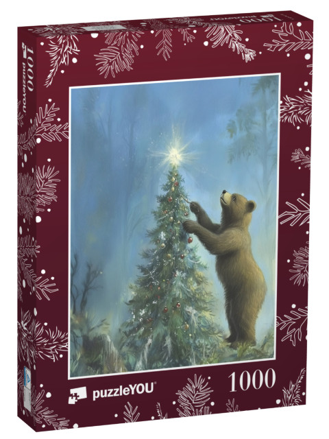 Puzzle de 1000 pièces « Un ours brun décore un sapin de Noël dans la forêt hivernale »