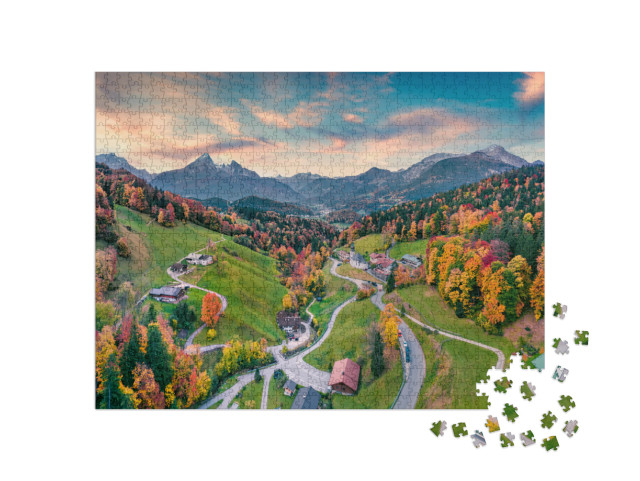 Puzzle de 1000 pièces « Eglise Maria Gern avec le sommet du Hochkalter, Alpes bavaroises »