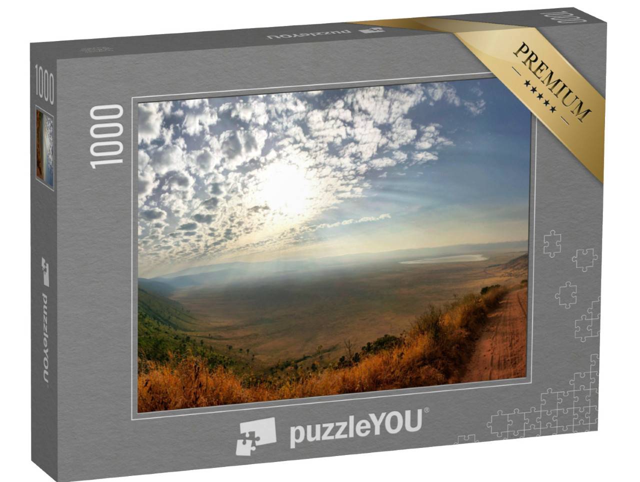 Puzzle de 1000 pièces « Panorama du cratère du Ngorongoro avec un ciel bleu et ensoleillé »