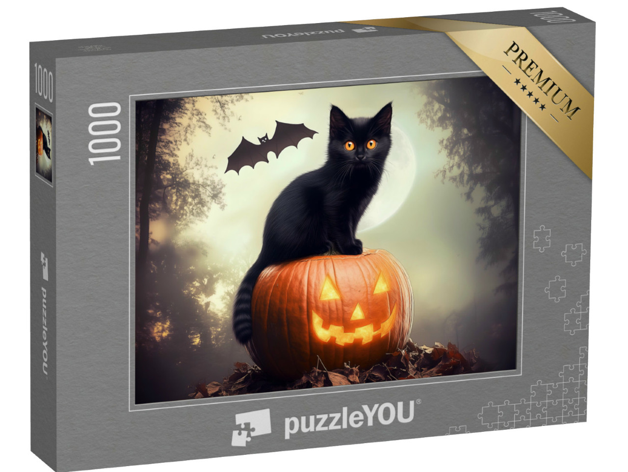 Puzzle de 1000 pièces « Chat noir assis sur une citrouille »