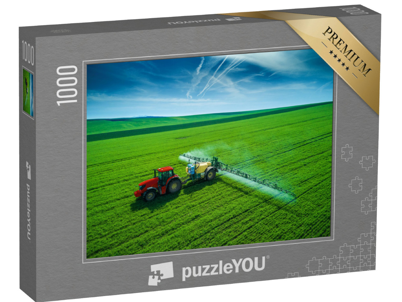 Puzzle de 1000 pièces « Un tracteur qui laboure et pulvérise dans un champ »