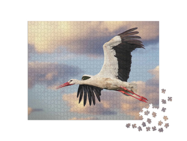 Puzzle de 1000 pièces « Une cigogne blanche en vol avec un ciel nuageux »
