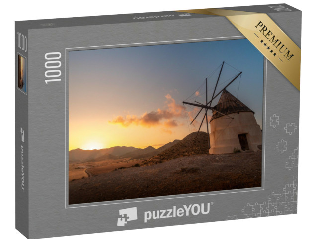 Puzzle de 1000 pièces « Moulin à vent sur la plage de Los Genoveses au coucher du soleil, Espagne »