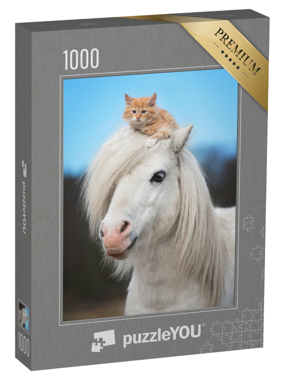 Puzzle de 1000 pièces « Petit chaton rouge sur la tête d'un poney shetland blanc »