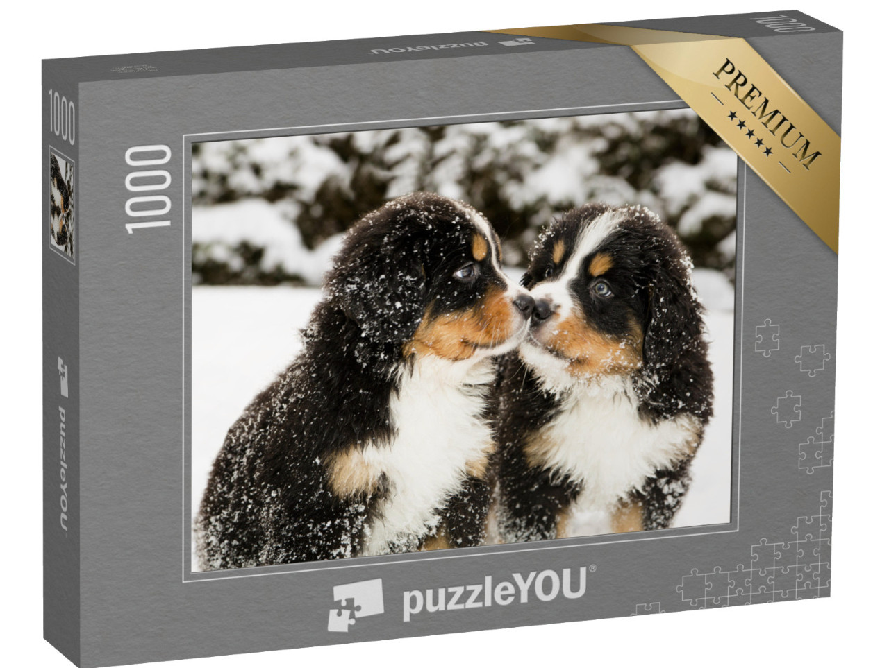 Puzzle de 1000 pièces « Des chiots bouvier bernois saupoudrés de neige »