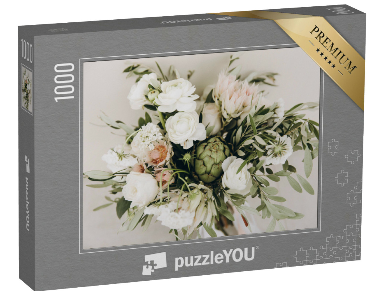 Puzzle de 1000 pièces « Bouquet de mariage de fleurs et de verdure avec ruban blanc »