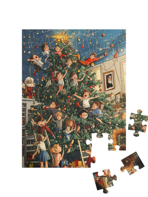 Puzzle de 48 pièces « Un Noël de folie : Les enfants s'ébattent dans le sapin de Noël »