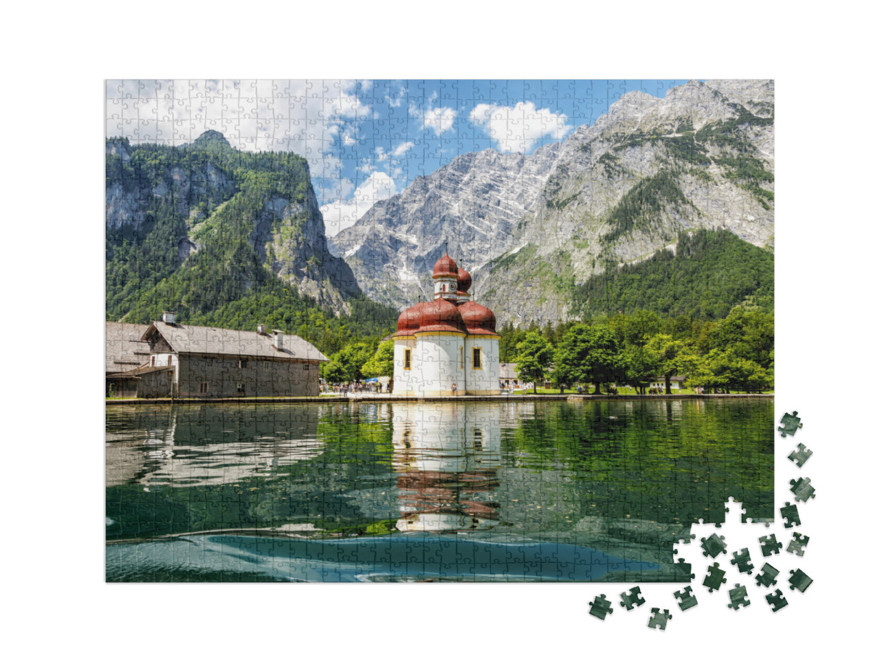 Puzzle 1000 pièces XXL « Vue du lac Königssee sur l'église St Bartholomäus, Bavière »
