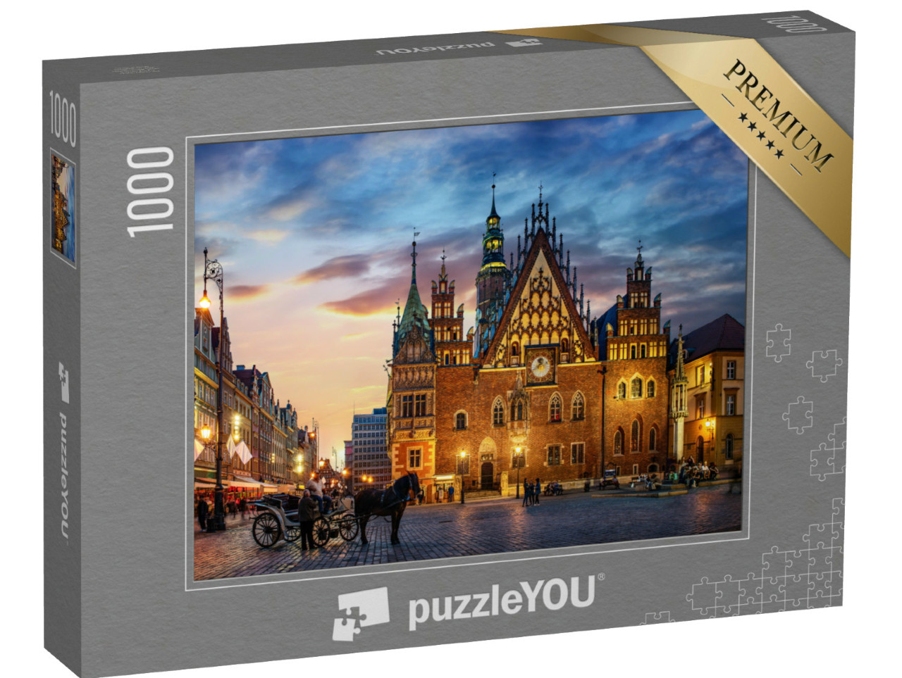 Puzzle de 1000 pièces « Place du marché avec maisons anciennes, hôtel de ville et coucher de soleil, Wroclaw, Pologne »