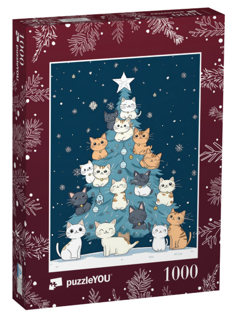 Puzzle de 1000 pièces « Illustration hivernale : arbre de Noël plein de chats mignons »