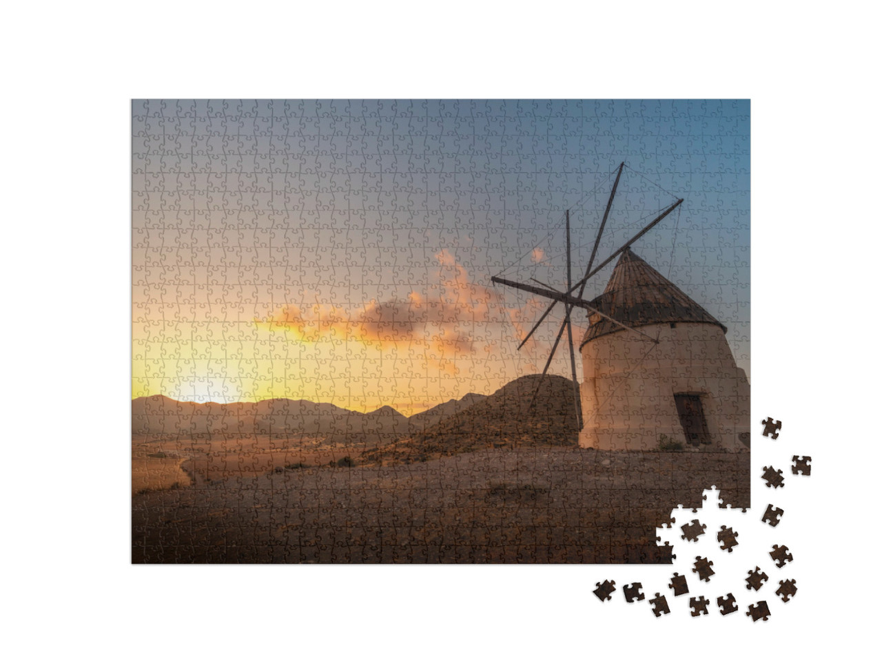 Puzzle de 1000 pièces « Moulin à vent sur la plage de Los Genoveses au coucher du soleil, Espagne »