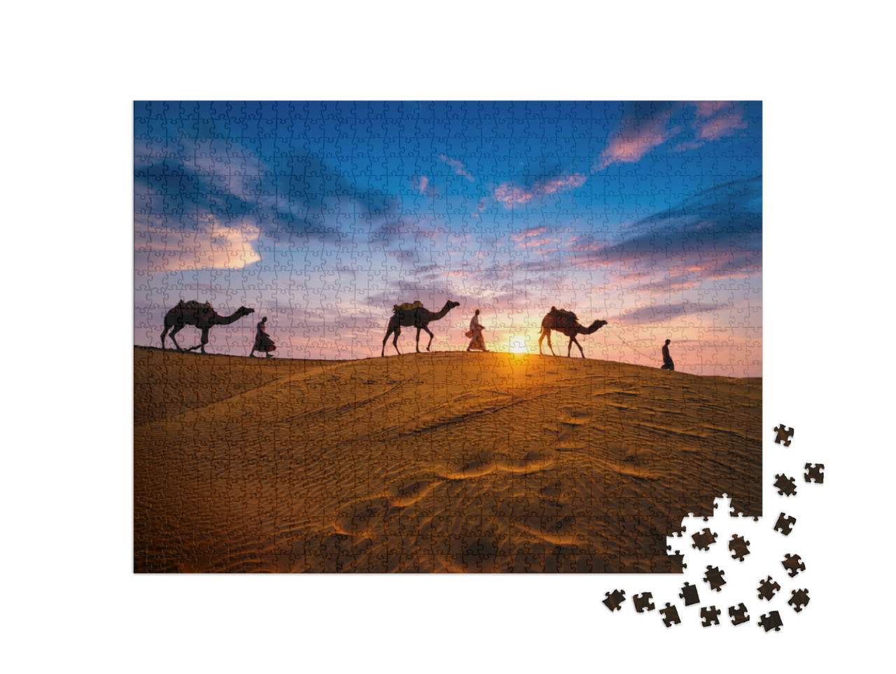 Puzzle de 1000 pièces « Conducteurs de chameaux dans les dunes de sable du désert de Thar, Inde »