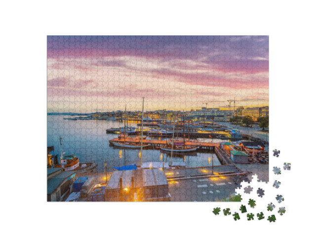 Puzzle de 1000 pièces « Skyline d'Oslo avec le centre-ville au coucher du soleil, Norvège »