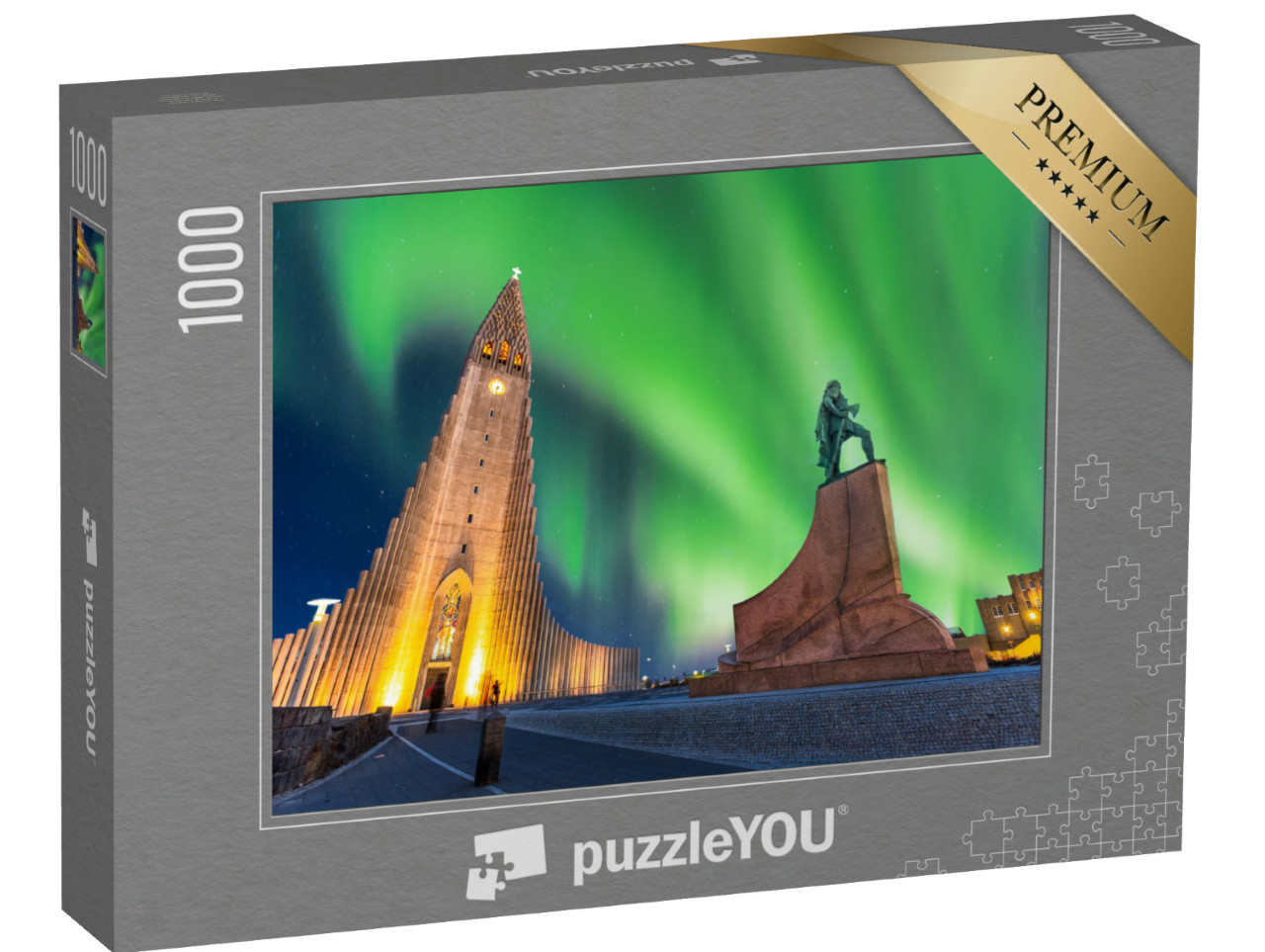 Puzzle de 1000 pièces « Aurores boréales au-dessus de l'église Hallgrimskirkja à Reykjavik, Islande »