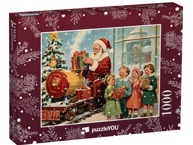 Puzzle de 1000 pièces « Motif de Noël vintage : Père Noël avec des enfants qui chantent »