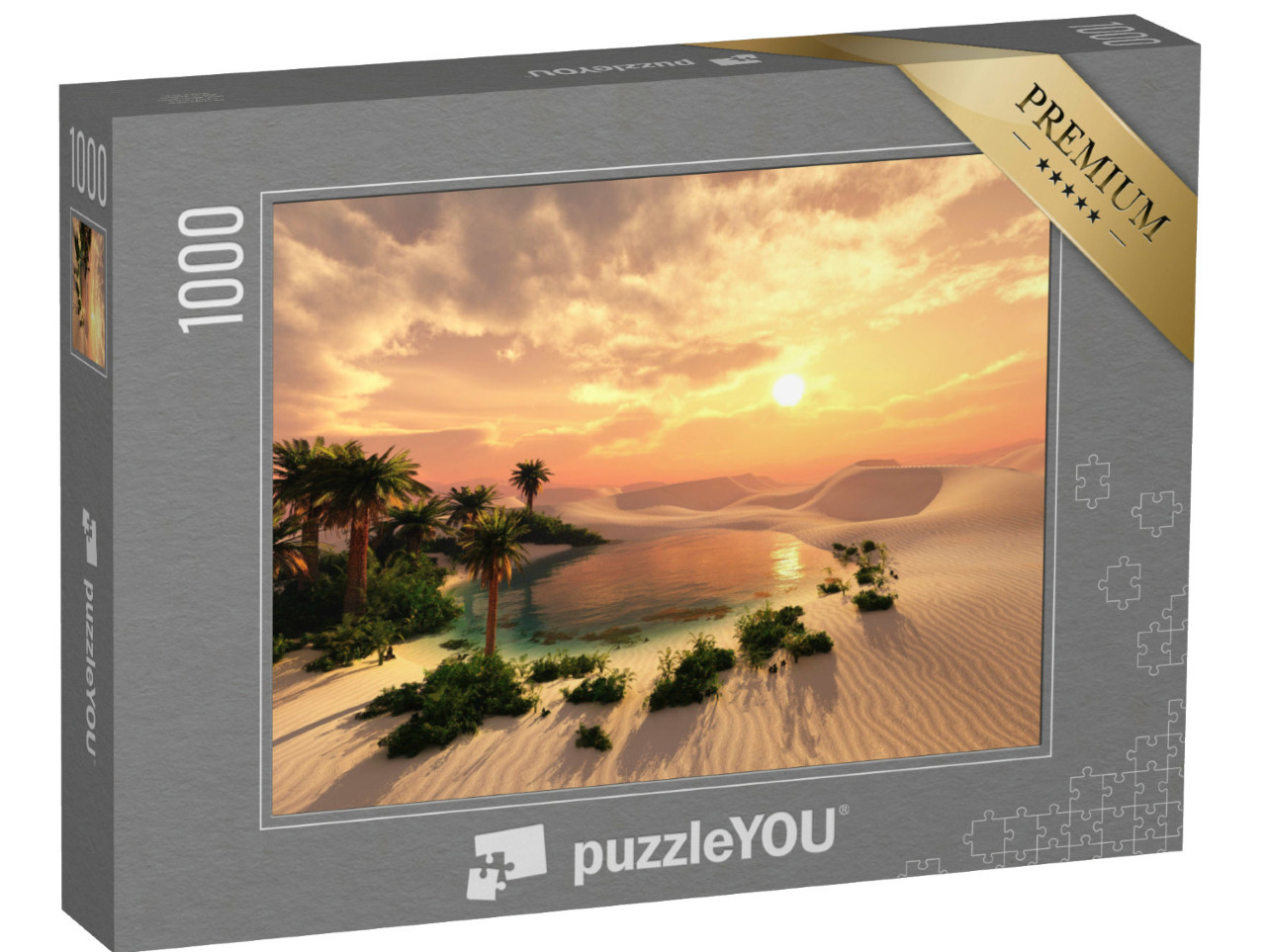 Puzzle de 1000 pièces « Oasis au coucher du soleil dans un désert de sable »