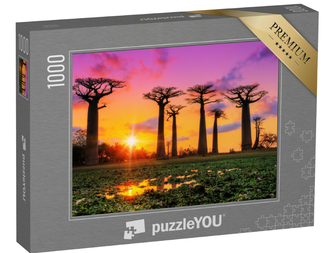 Puzzle de 1000 pièces « Jeu de couleurs au coucher du soleil sur l'allée des baobabs, Madagascar »