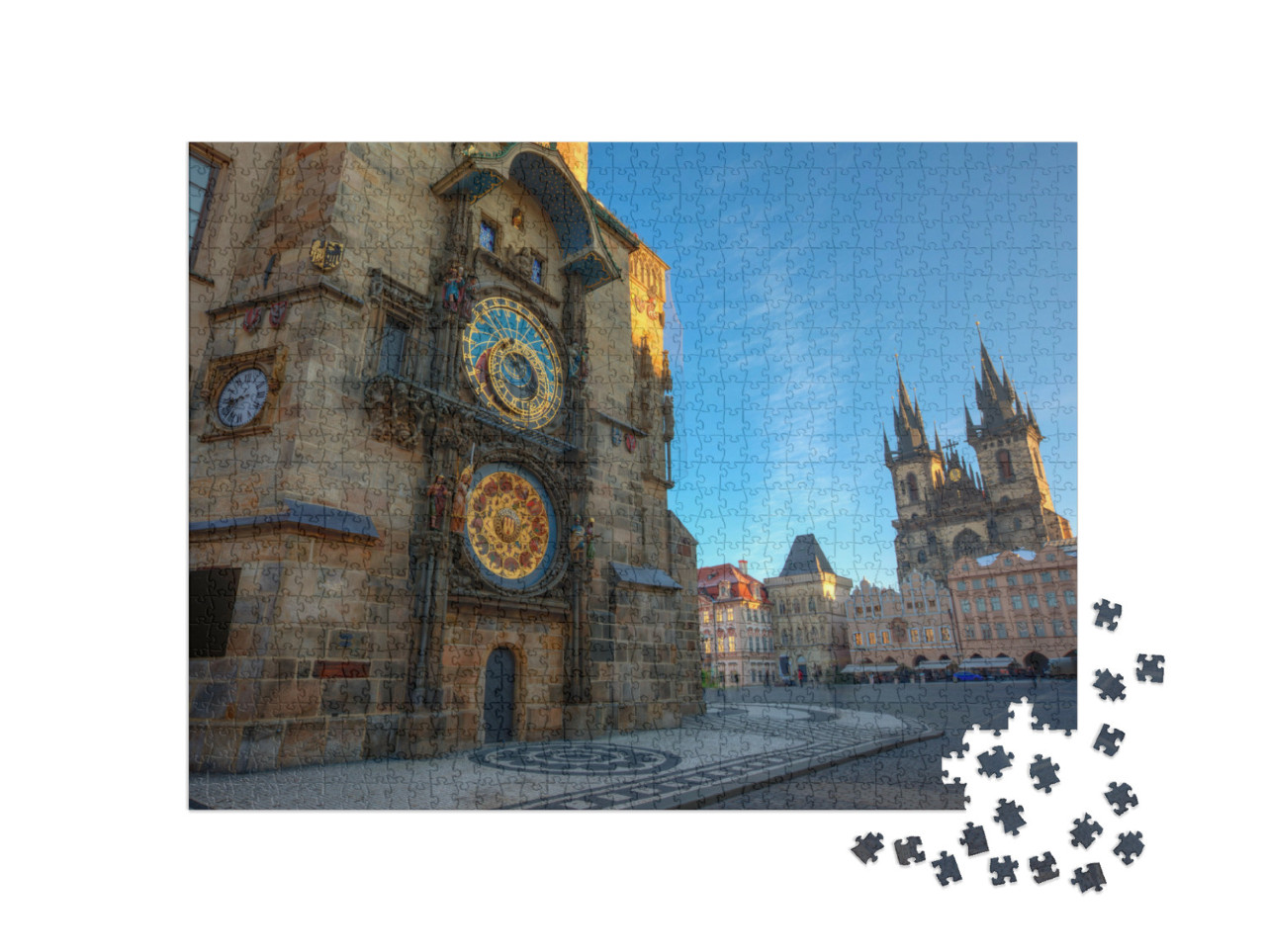 Puzzle de 1000 pièces « Place de la Vieille Ville de Prague, lever du soleil sur la Tour de l'Horloge astronomique »