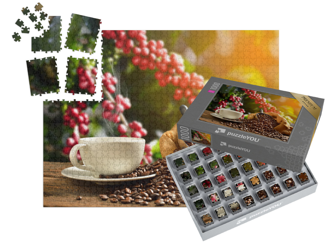 SMART SORTED® | Puzzle photo 1000 pièces « Tasse de café fumant avec des grains de café »