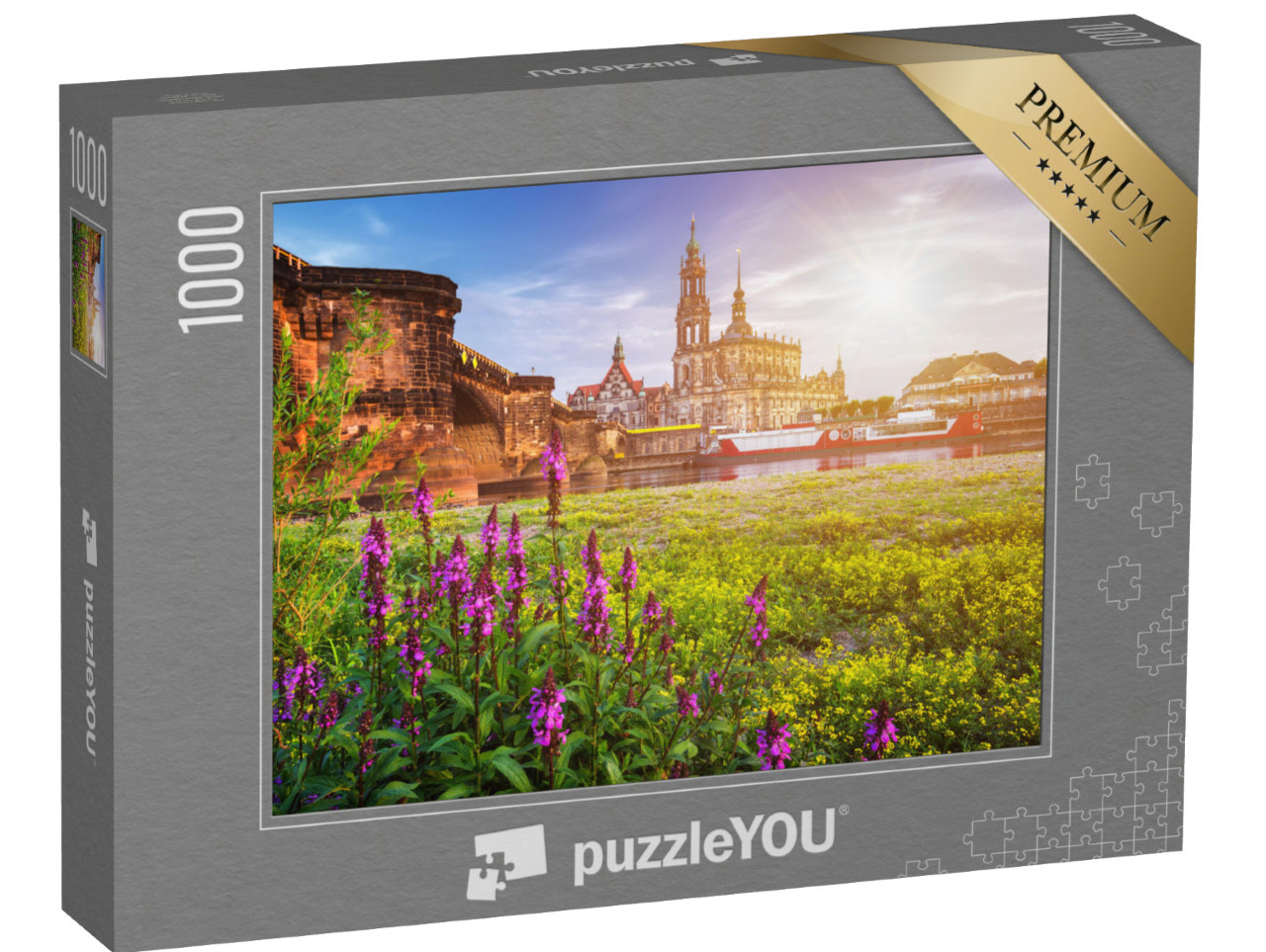 Puzzle de 1000 pièces « Silhouette de la ville de Dresde avec l'Elbe et le pont Augustus, Allemagne »