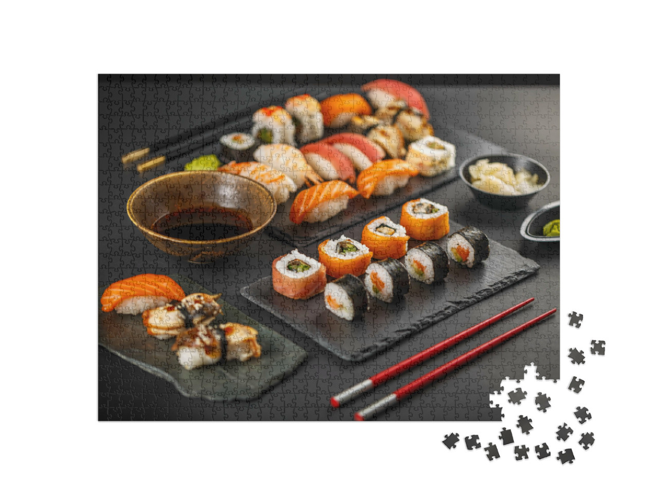 Puzzle de 1000 pièces « Sushi frais sur ardoise noire »