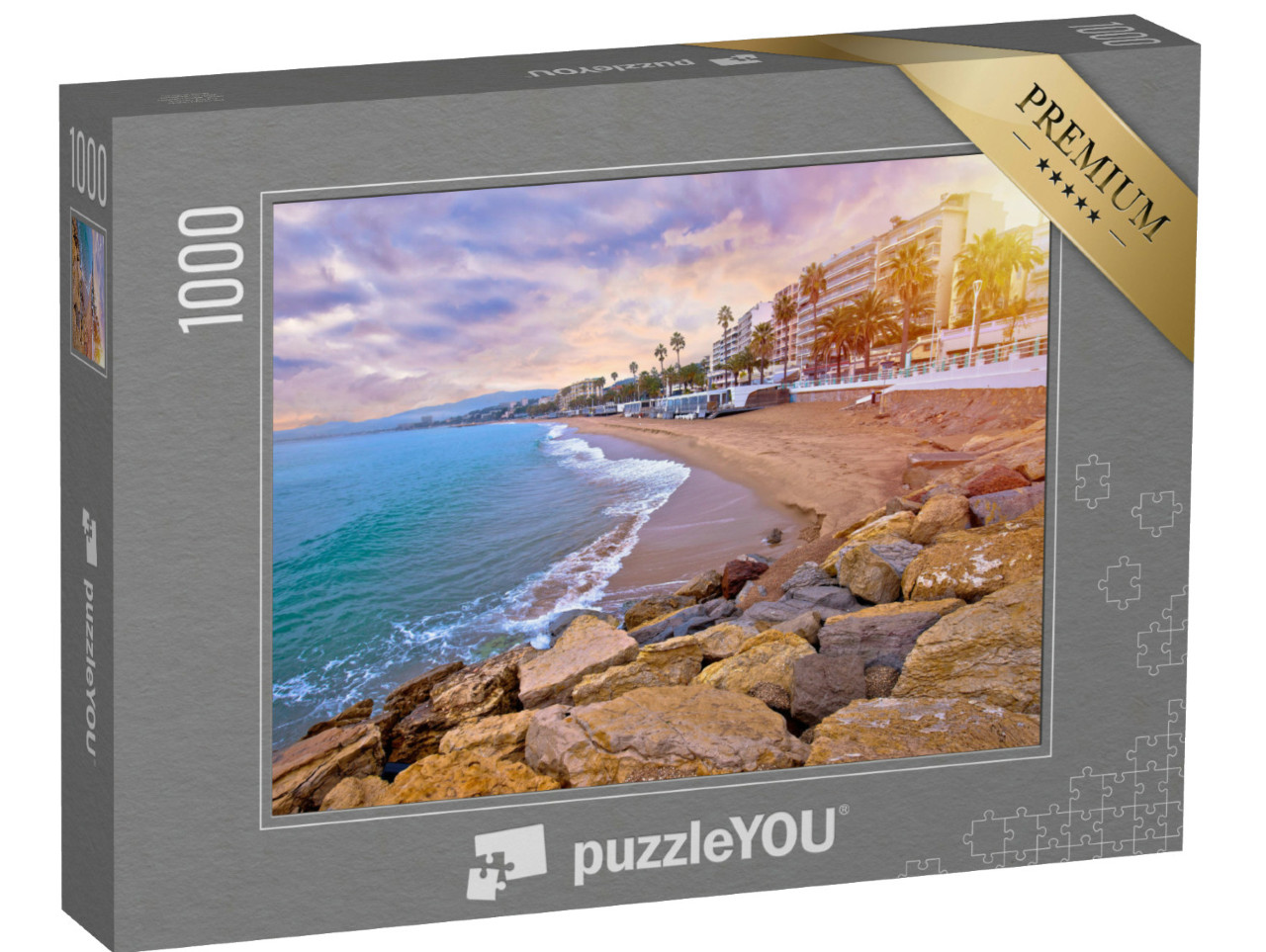 Puzzle de 1000 pièces « Promenade idyllique bordée de palmiers et plage de sable à Cannes »