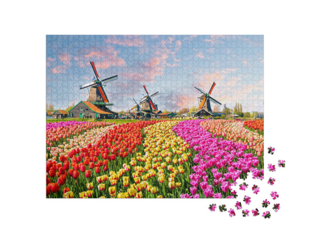 Puzzle de 1000 pièces « Moulins à vent idylliques et tulipes, Pays-Bas »