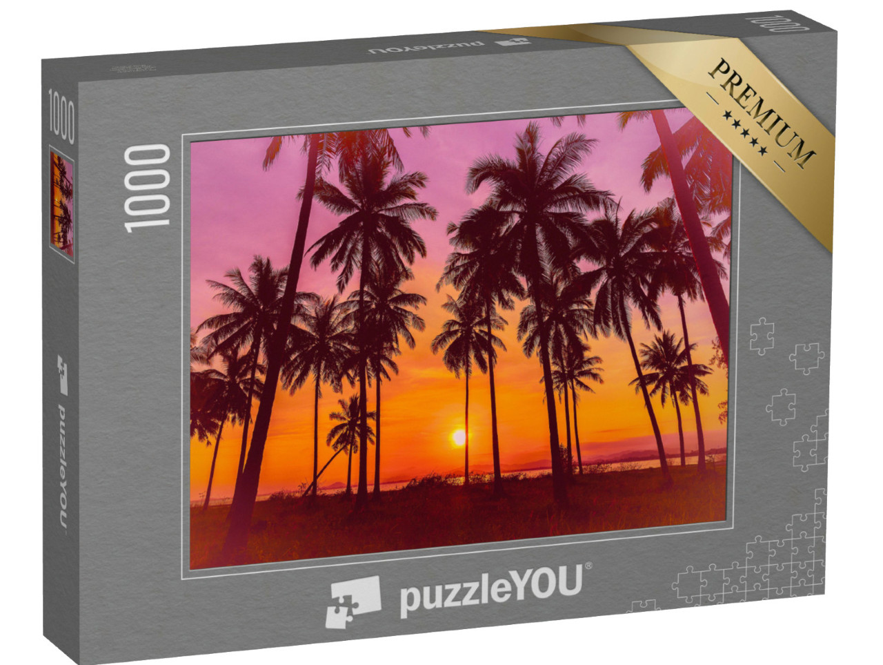 Puzzle de 1000 pièces « Coucher de soleil lumineux sur les palmiers »