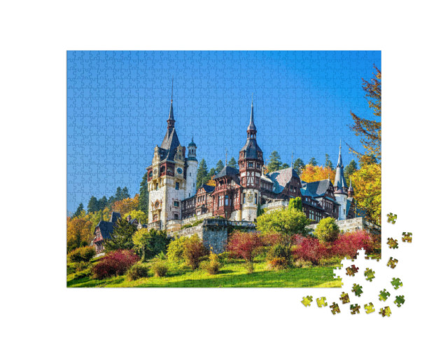 Puzzle de 1000 pièces « Le château royal de Peles avec son jardin d'agrément, Carpates, Roumanie »