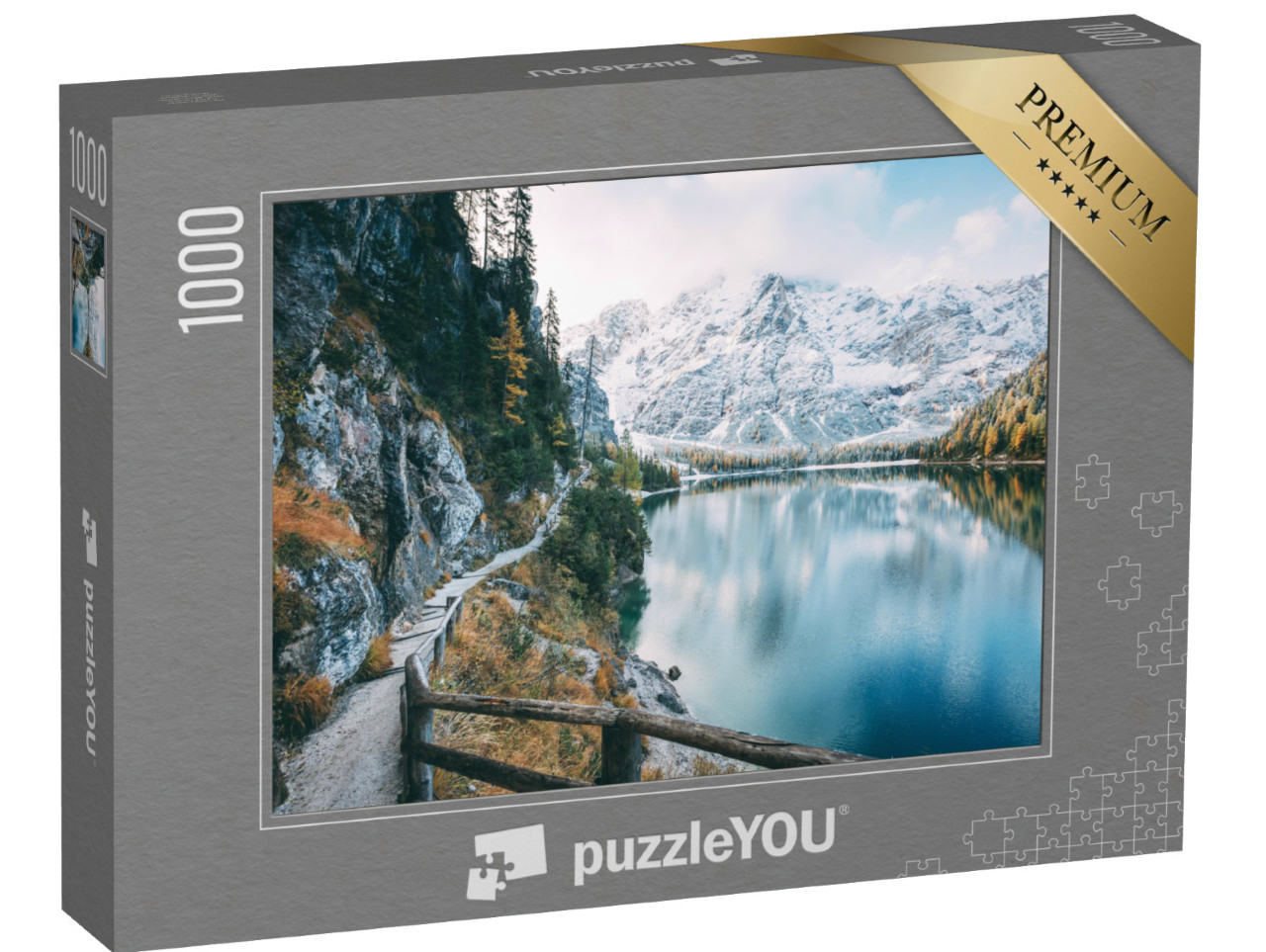 Puzzle de 1000 pièces « Le lac Prags Wildsee dans les Dolomites enneigées »